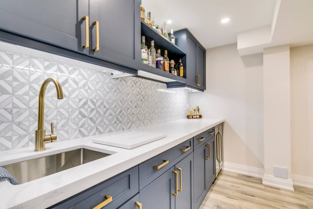 durable custom grey cabinets with golden hardware for luxury look