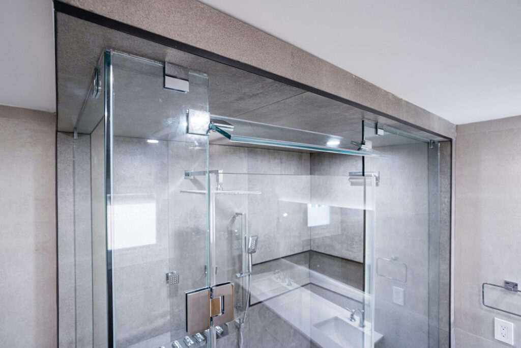 glass shower unit walls with foldable mirror window for ventilation