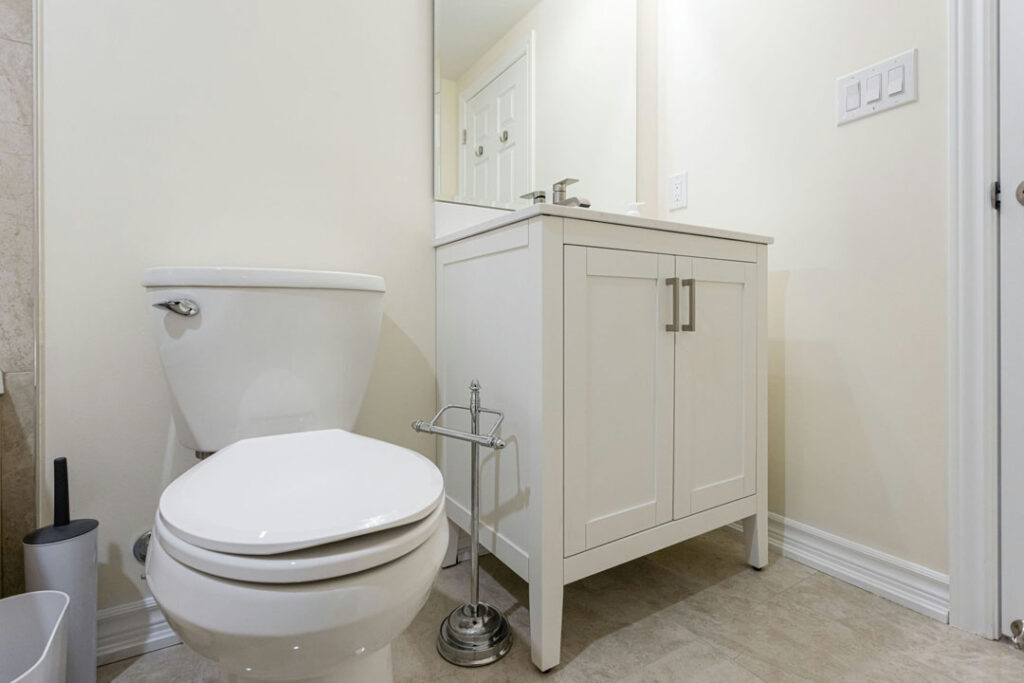 bathroom vanity with countertop and toilet seat with toilet paper holder