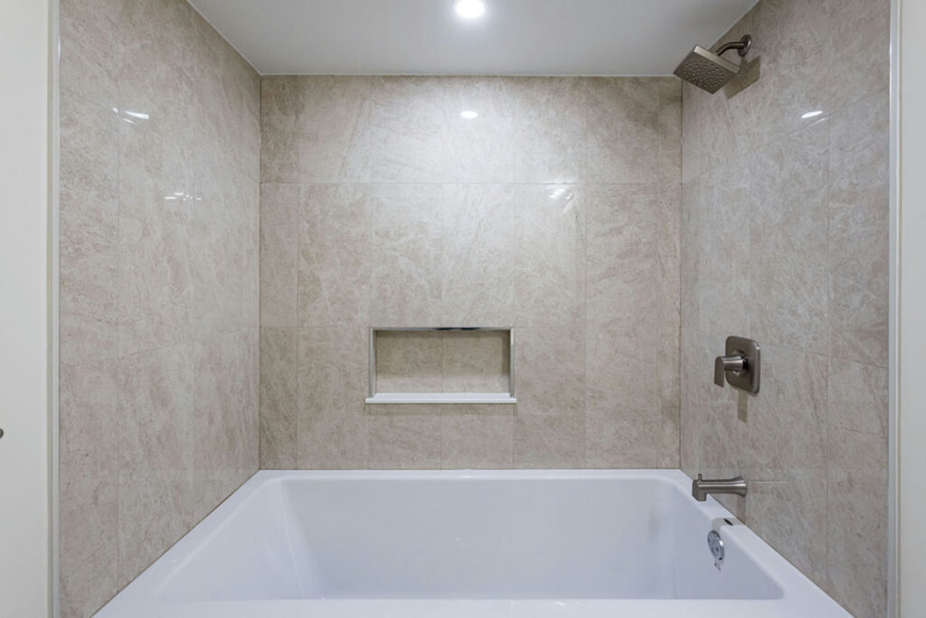 bathroom renovation with built-in-wall-shelf for storage