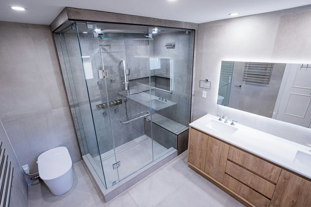 wooden large vanity with countertop and shower unit