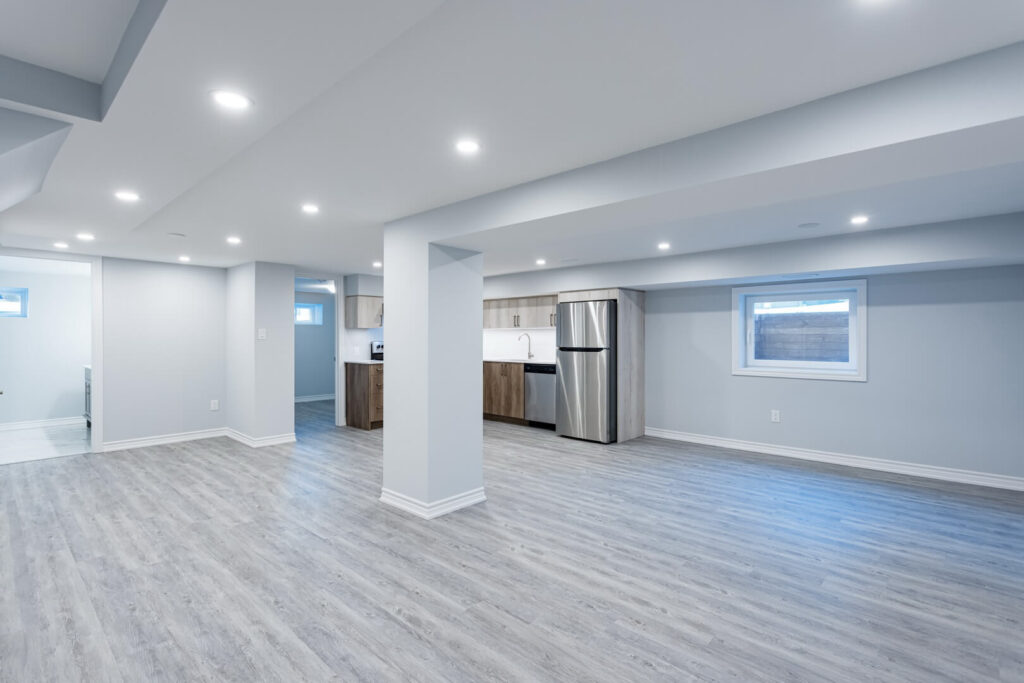 basement kitchen renovation with vinyl flooring