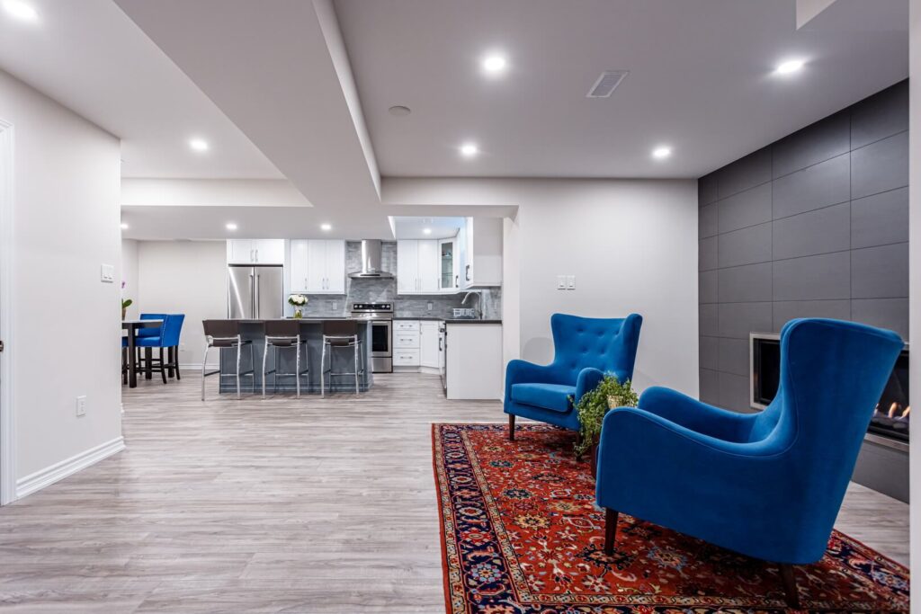 luxury spacious basement kitchen with living area