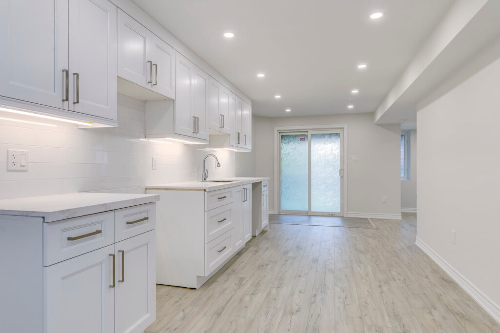 modern basement kitchen with high quality custom cabinets and countertop