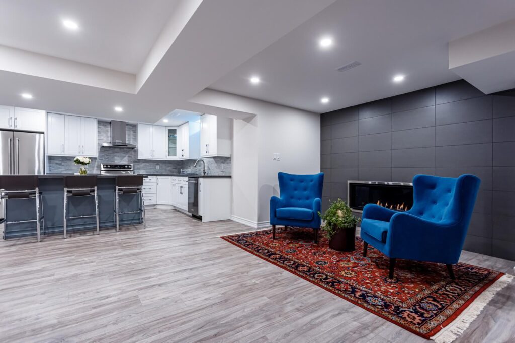 large basement kitchen renovation with custom cabinets and countertop