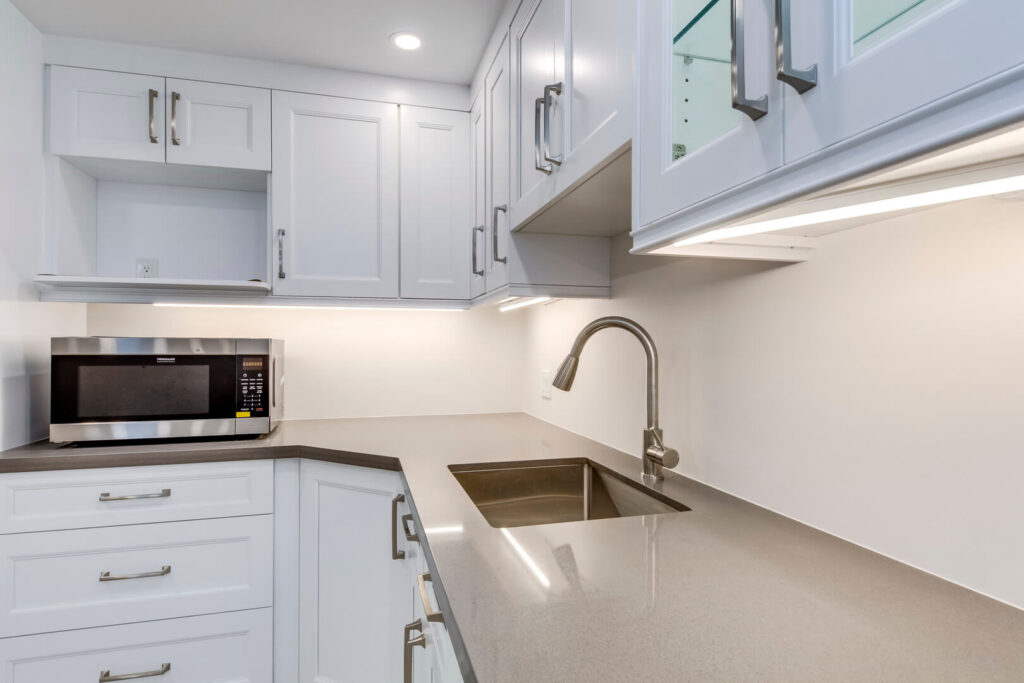 custom white blender with rose gold countertop