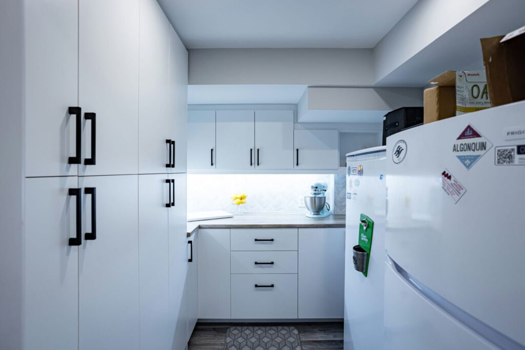 all white small basement kitchen renovation