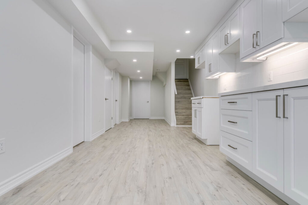modern white basement renovation