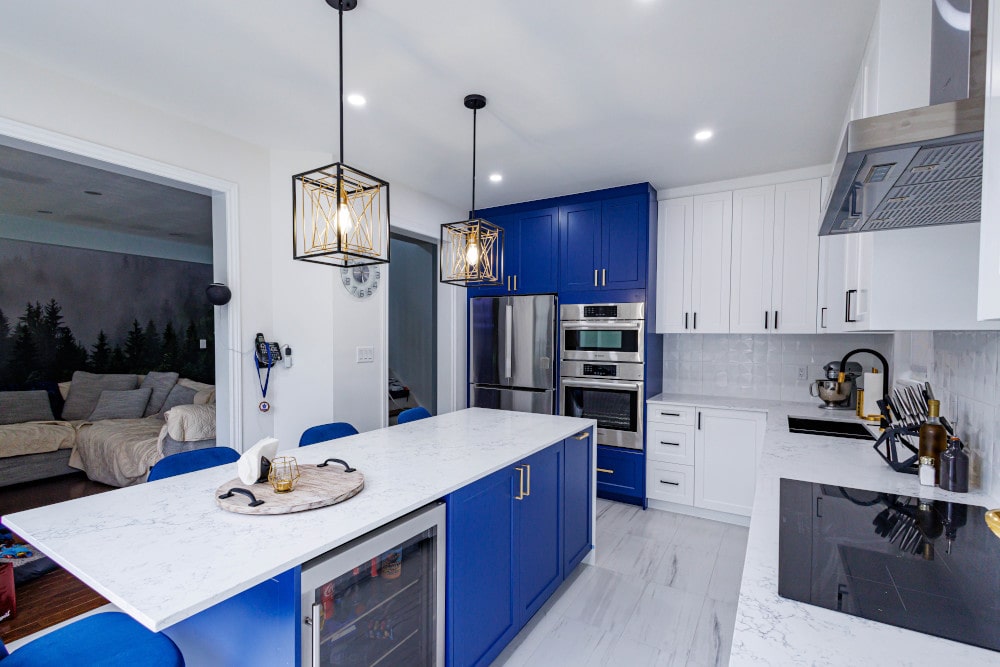 How to Plan a Kitchen Island: blue-white kitchen