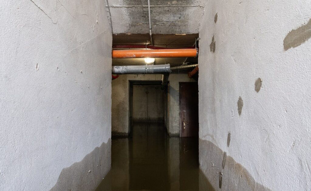 Basement Moisture Problems: gray concrete walls and water on the floor