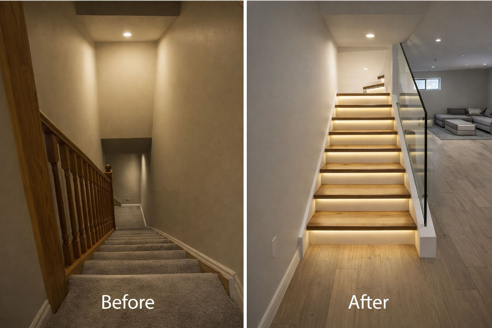 Basement stair railing transformation before and after