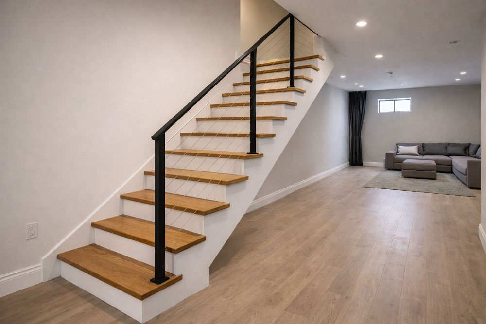 Cable railing basement stairs modern design Toronto