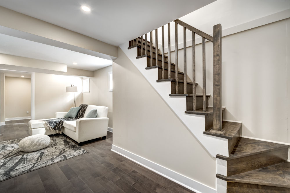 Traditional closed-riser basement staircase