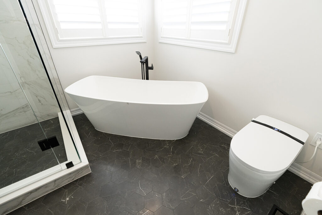 Main Floor Luxury Bathroom Renovation Project in Mississauga: Spa-Inspired Design with Marble & Soaking Tub