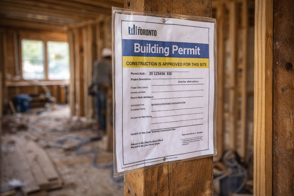 Building permit posted on Toronto renovation site Ontario Building Code compliance