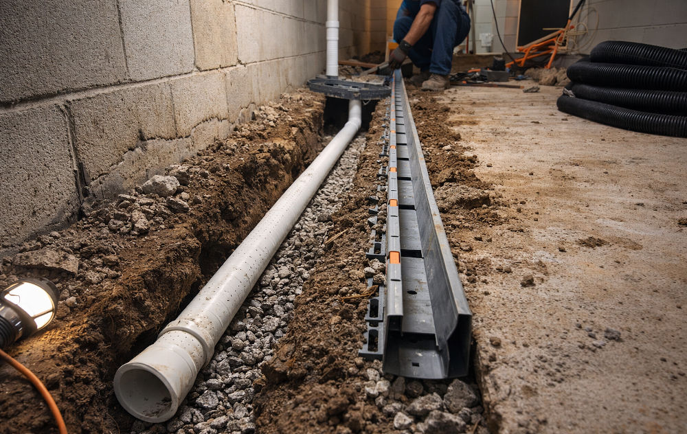 Interior perimeter drainage channel installation basement RenoDuck