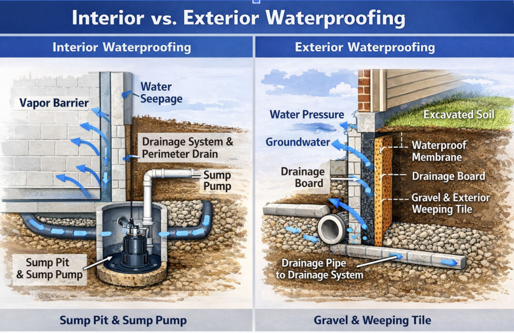 Interior vs exterior basement waterproofing system comparison diagram
